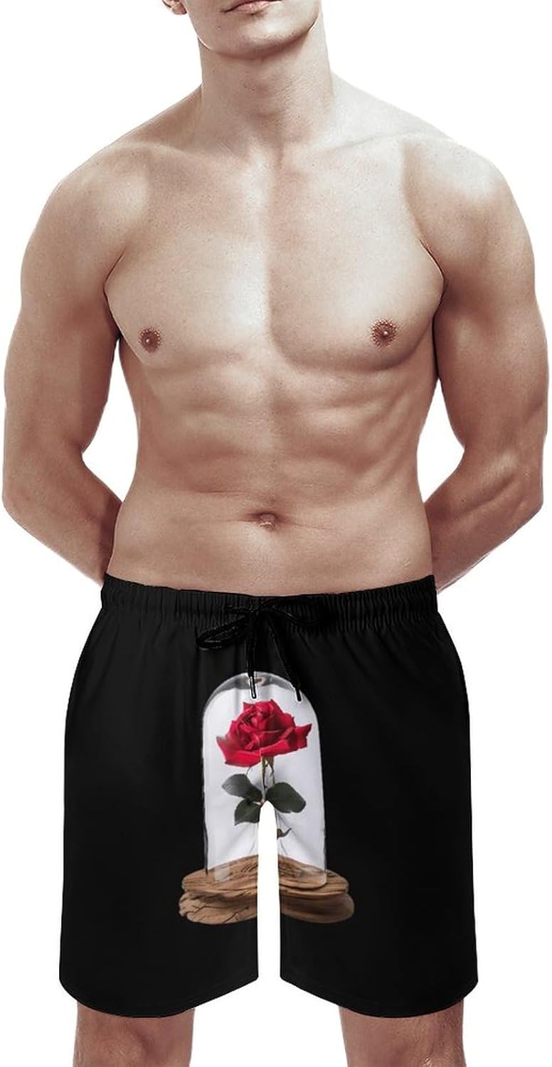 Red Rose Glass Dome Casual Men's Swim Trunks Novelty Summer Beach Shorts Swimwear with Pocket