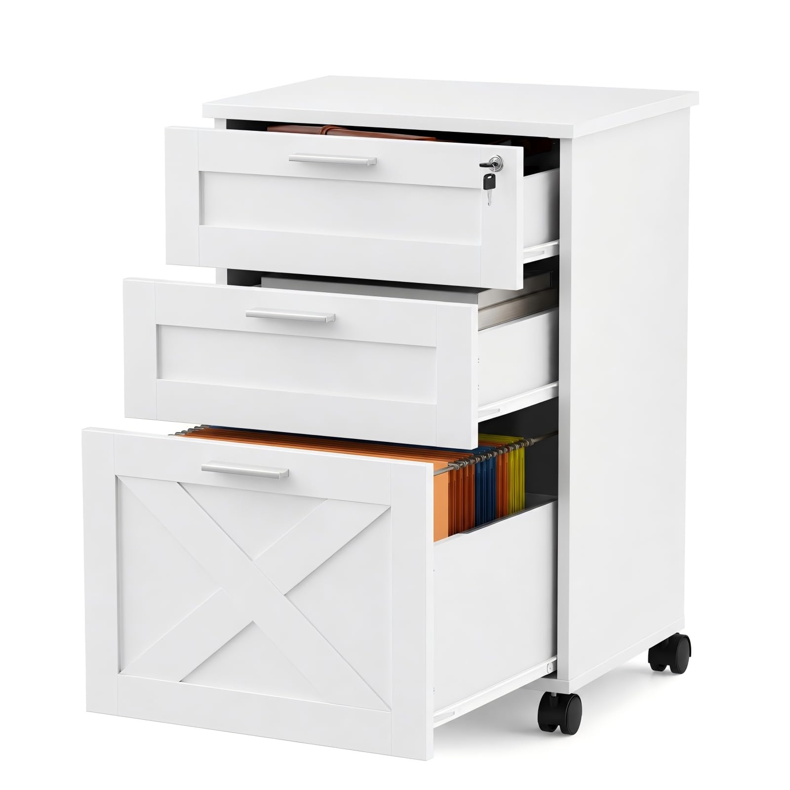 GarveeTech Rollcontainer Büro mit Schloss, 3 Schubladen, mobil, Weiß | 48,5x40x68 cm großer Bürocontainer mit Rollen, ideal für Dokumente, Drucker und Büromaterial im Homeoffice