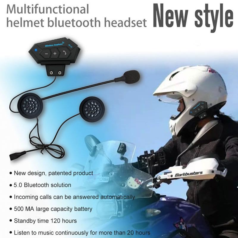 Image of SHOPEE Helmet BT Headset, BT12 Motorcycle Helmet BT Headset Headphone Speakers Support Handsfree Calling Hi-Fi Headphone Low Power Warning, Black