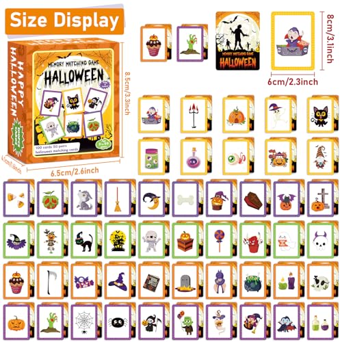 Image of gisgfim 100 PCS Memory Matching Game Happy Halloween Concentration Memory Games Card for Kids Educational Ages 3-8 A Fun & Fast Halloween Theme Matching Games