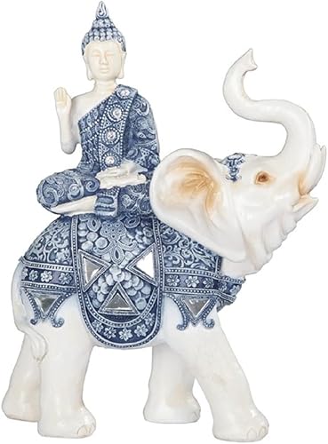 ICE ARMOR Buda tailandés azul y blanco de 9 pulgadas de alto, estatua de elefante, decoración de Feng Shui, figura religiosa, multicolor (78GSC88219)