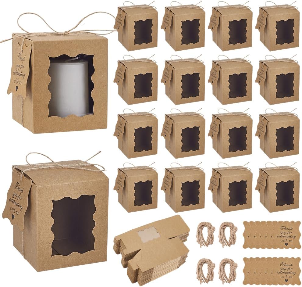 PH PandaHall 100 Set Brown Candle Gift Boxes 3.35x3.35x3.94inch Kraft Paper Gift Boxes Rectangle Packaging Box with Visible Window Tags and Ropes for 10oz Candle Jar, Wedding Party