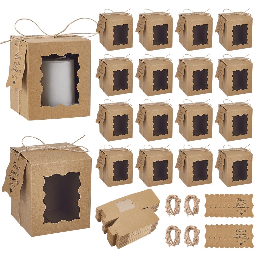 Photo 1 of PH PandaHall 100 Set Brown Candle Gift Boxes 3.35x3.35x3.94inch Kraft Paper Gift Boxes Rectangle Packaging Box with Visible Window Tags and Ropes for 10oz Candle Jar, Wedding Party