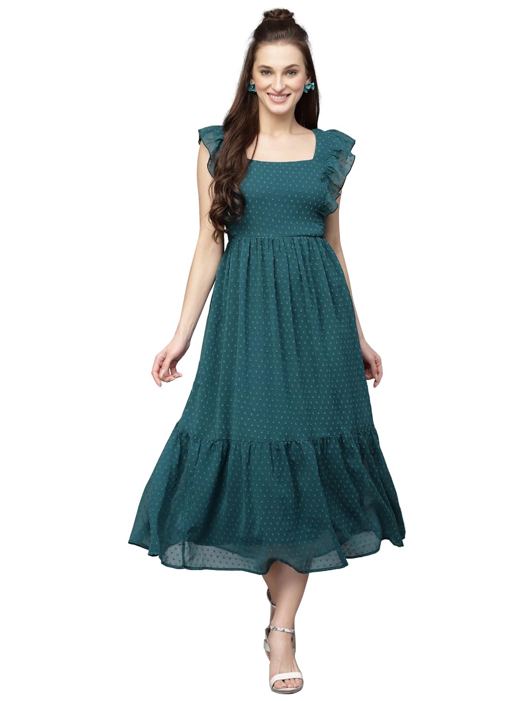 Sugathari Georgette Jacquard Butti Rama Green Square Neck Knee Length Western Dresses For Women (Dress2 89 Rama M)