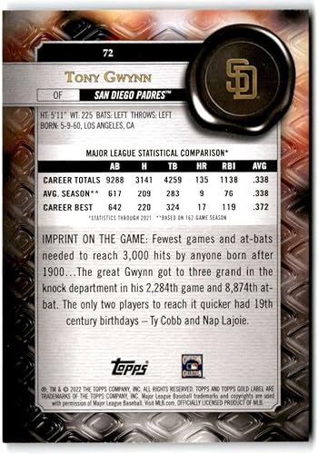 Miniatura 2 de 2022 Topps Gold Label Class 3#72 Tony Gwynn San Diego Padres Baseball Trading Card
