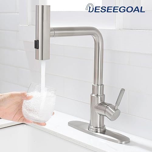Miniatura 8 de Deseegoal Grifos de cocina con interruptor de cabeza con rociador extraíble, rociador de tres funciones, grifo de fregadero de una sola manija,