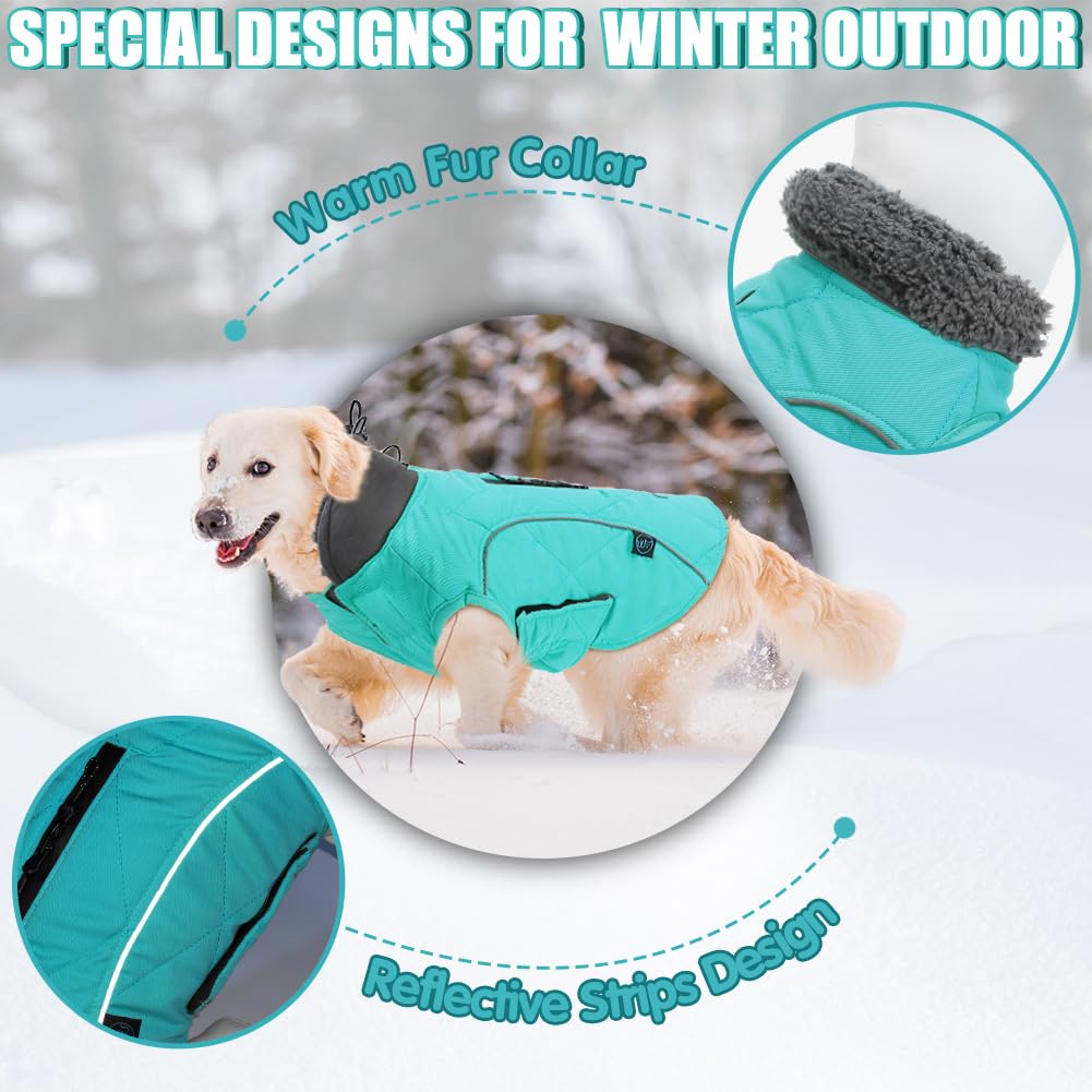 EMUST Abrigos de invierno para perros, ropa gruesa para perros medianos, abrigos para perros de invierno con agujero para arnés, abrigos para perros para clima frío, turquesa, M