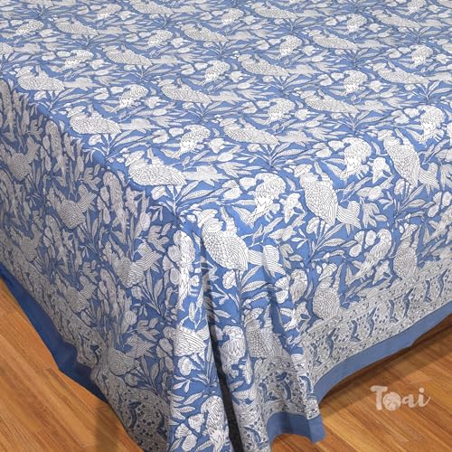 Image of TOAI Bedsheet for Double Bed King Size 108 inch x 108 inch |100% Pure Cotton 210TC | Hand Block Printed Jaipuri Bed Sheet | 2 Reversible Pillow Covers 18 inchx27 inch |Blue White Parrots