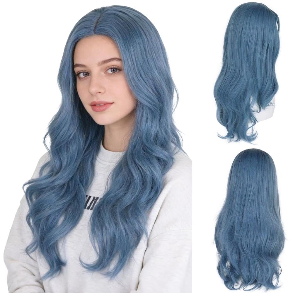 Haarpflege Frauen Blau Mittelteil Lange Welle Lockiges Haar Perücke Für Cosplay Tägliche Party
