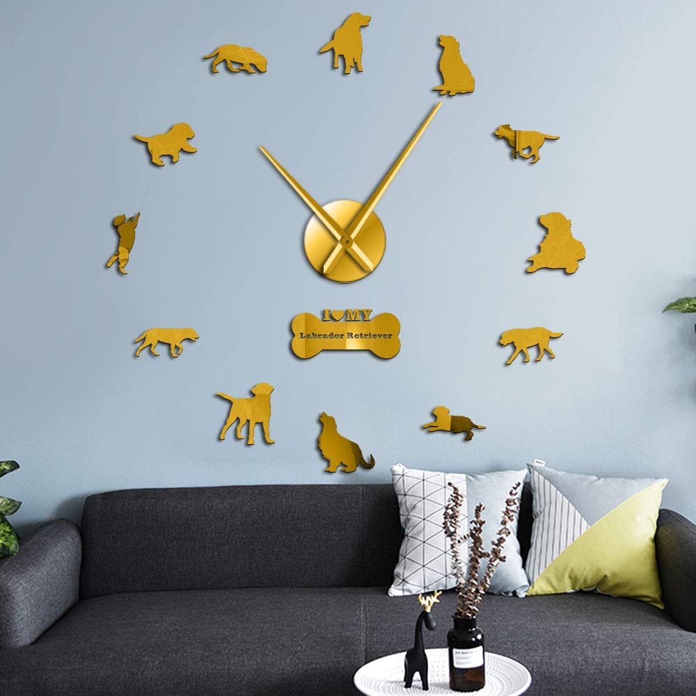 Horloge murale Labrador DIY 37 pouces dorée grand format pour salon