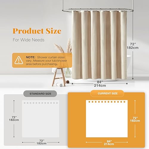 Miniatura 3 de BTTN Cortina de ducha de 84 pulgadas de ancho, juego de cortina de ducha de tela texturizada de lino resistente con 14 ganchos de plástico, cortinas