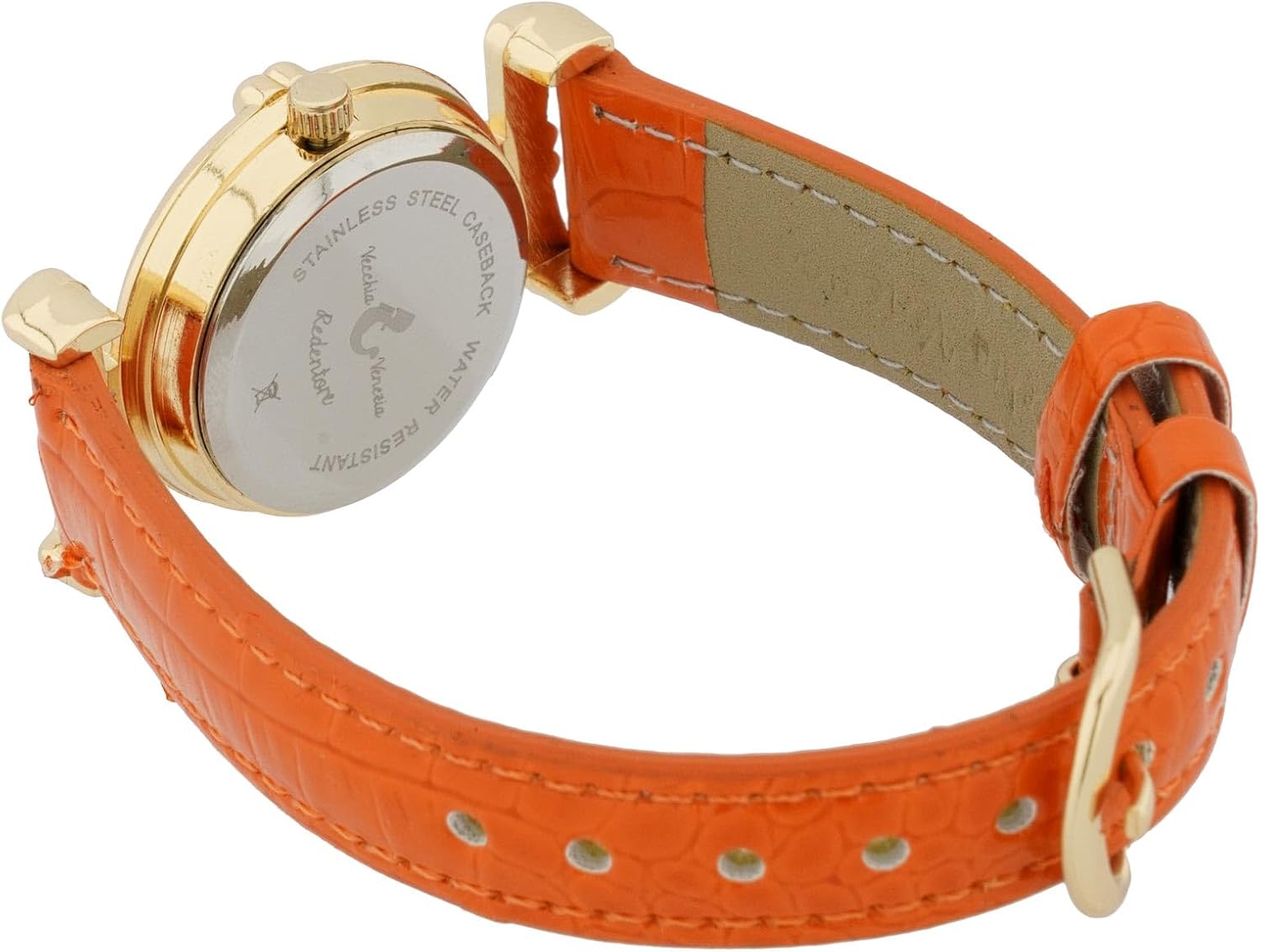 Glass Of Venice Murano Glass Millefiori Watch Round Multicolor Gold-Tone - 1" Face with Orange Band for Women - Handmade in Italy