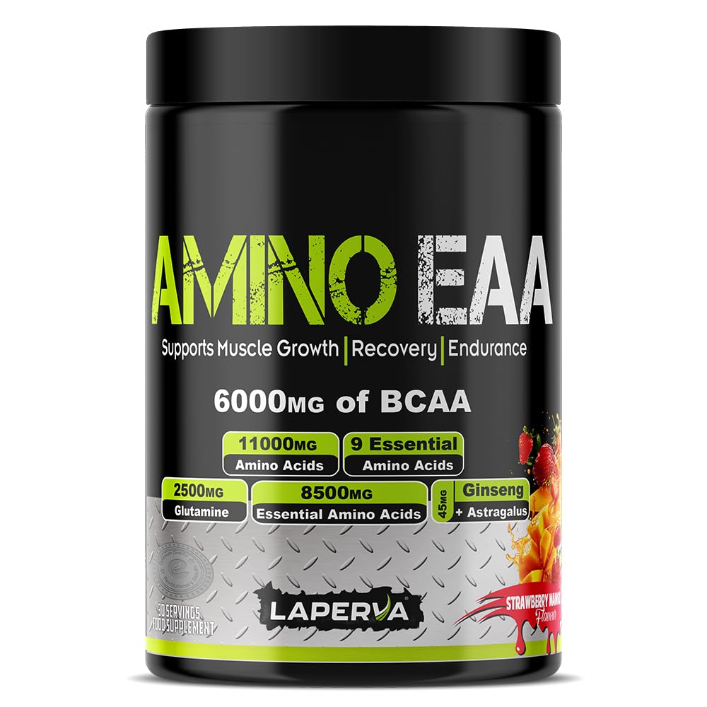 eaa supplement | laperva Amino EAA, Essential Amino Acids + Glutamine, Helps for Building Blocks of Protein, Reduce Muscle Breakdown, Gain Muscle Mass and Recover Faster (390 Grams, Strawberry Mango)