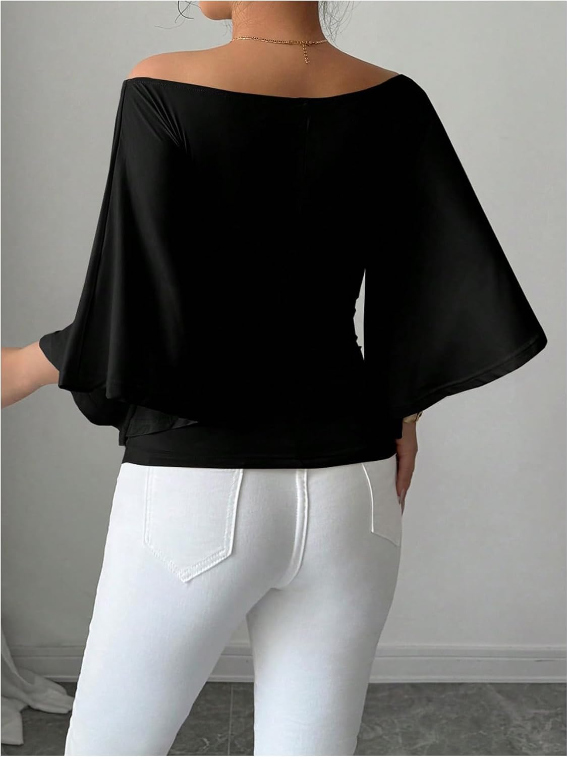 OYOANGLE Women's Off The Shoulder T Shirts Bell 3/4 Length Sleeve Tops Slim Fitted Dressy Casual Blouses - Image 3
