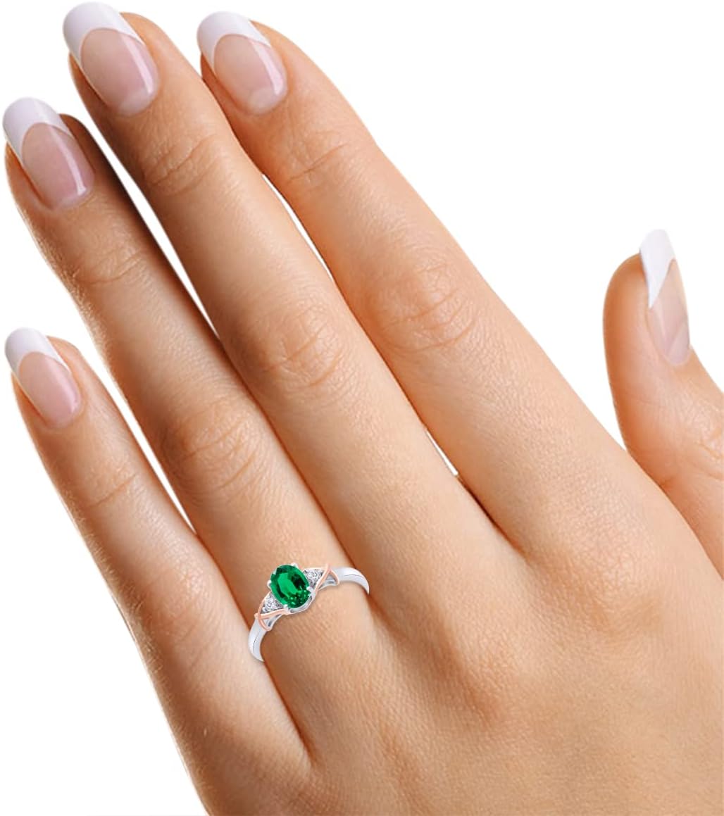 SAVEARTH DIAMONDS 2 Tone 14K Gold Plated 925 Sterling Silver Oval Shape Green Nano Emerald Gemstone and Round Shape Lab Grown Diamond Women Ring (0.85 Cttw)