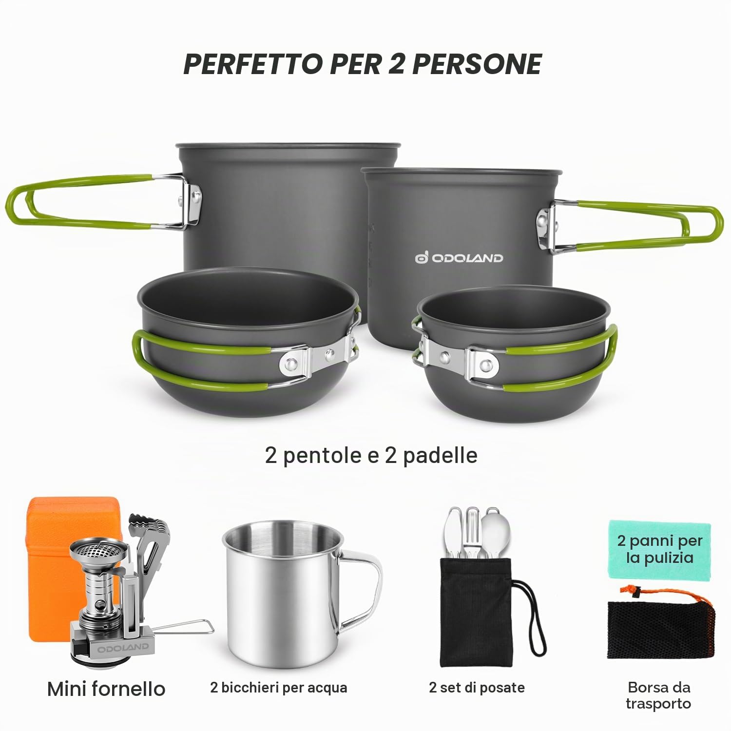 Odoland 16 pez Set di Pentole per Stoviglie da Campeggio incl. 2 x Campeggio Padella, 2 x Pentola Campeggio, Fornello da Campeggio e 2 x Tazza Campeggio - Gavette Campeggio Kit