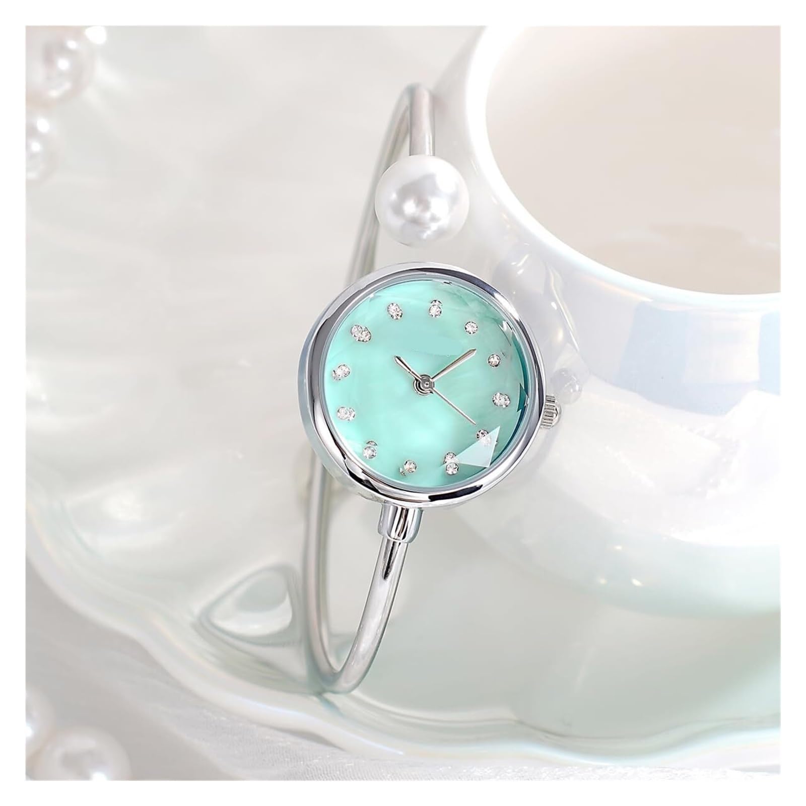 Orologio da polso delicato da donna, elegante braccialetto di perle, orologio da polso al quarzo rotondo impermeabile, regalo for le donne Orologio da polso(Light Green)