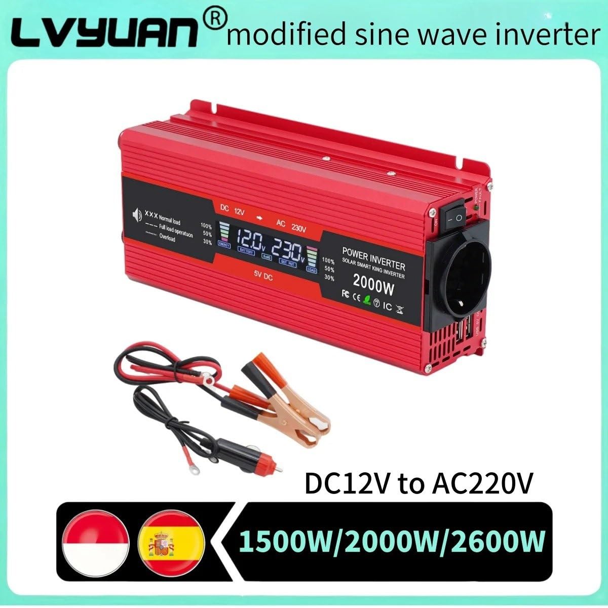 Inversor Corriente Inversor Potencia 1500 W/2000 W/2600 W con Pantalla LED Potencia Máxima para Coche CC 12 V CA 220 V Convertidor(2600W LED)