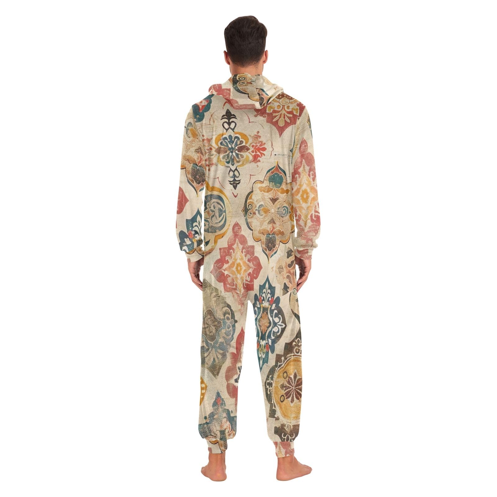 Tuta intera vintage con motivo floreale mandala, per adulti, ultra morbida, in velluto di cristallo, pigiama natalizio con cerniera