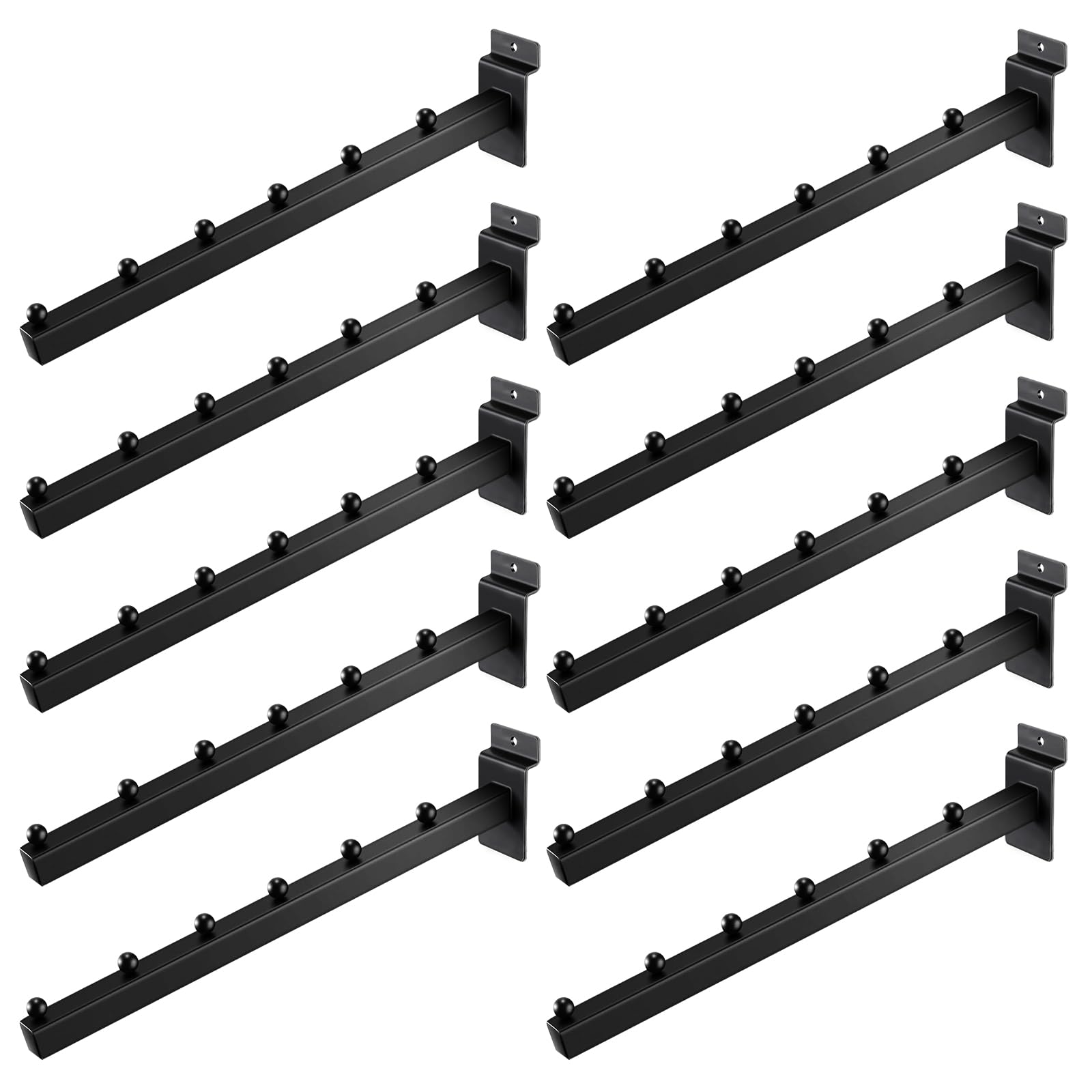 Waltool 10 Pcs 12 Inch 6 Ball Waterfall Slatwall Hooks, Heavy Duty Metal Slat Wall Hanging Hooks Shelving Pegs Panel Accessories for Clothing Retail Garage Shop Display (Black)