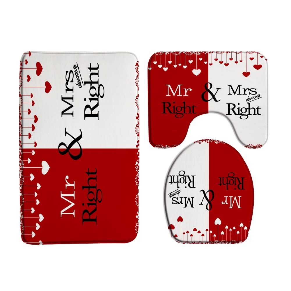 VPUPCN Valentine's Day 3 Pcs Bath Rugs Set,Mr Mrs Red White Heart Romantic Love Sweet Lover Couple Creative Bathroom Kitchen Rug with 16