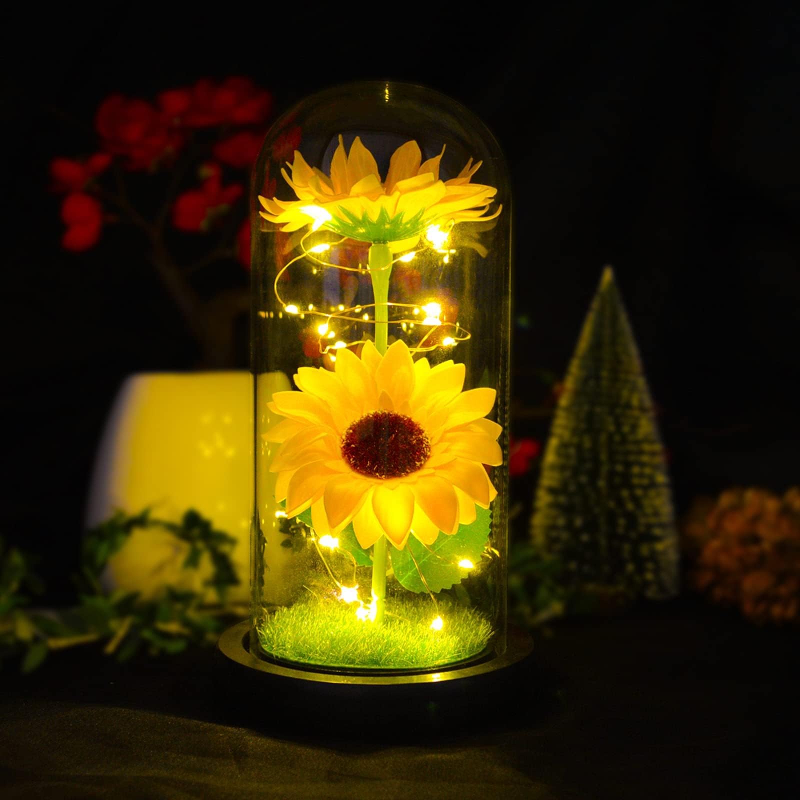 Excefore Sunflower Gifts for Women, Birthday Gifts for Her, Sunflowers Artificial Flowers in Glass Dome, Unique Gifts for Valentine Day, Wedding, Mothers Day, Anniversary