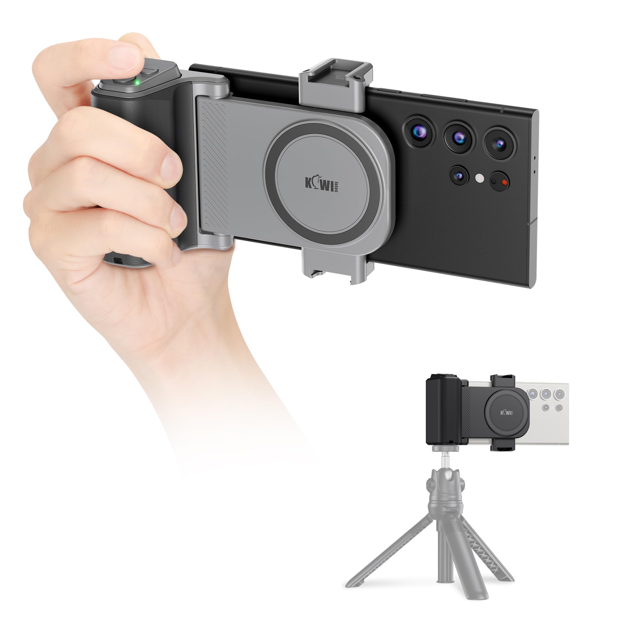 KIWIFOTOS Travel Phone Camera Grip Smartphones Camera Handle with Remote Control & Cold Shoe Mount for iPhone 17 16 Pro Max Samsung S24 S25 Selfie Vlog Video Shooting-Gray