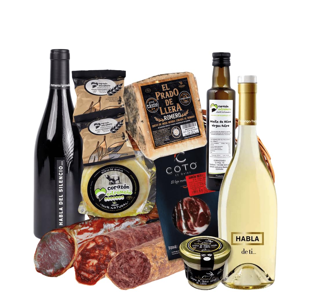 Cesta Gourmet Empresas incluye Caña Lomo Ibérico Salchichón y Chorizo Ibérico Bellota 100% Loncheado Jamón Ibérico Quesos Curados Vinos Tinto y Blanco Aceite O.V.E. Crema de Queso CORAZON EXTREMEÑO