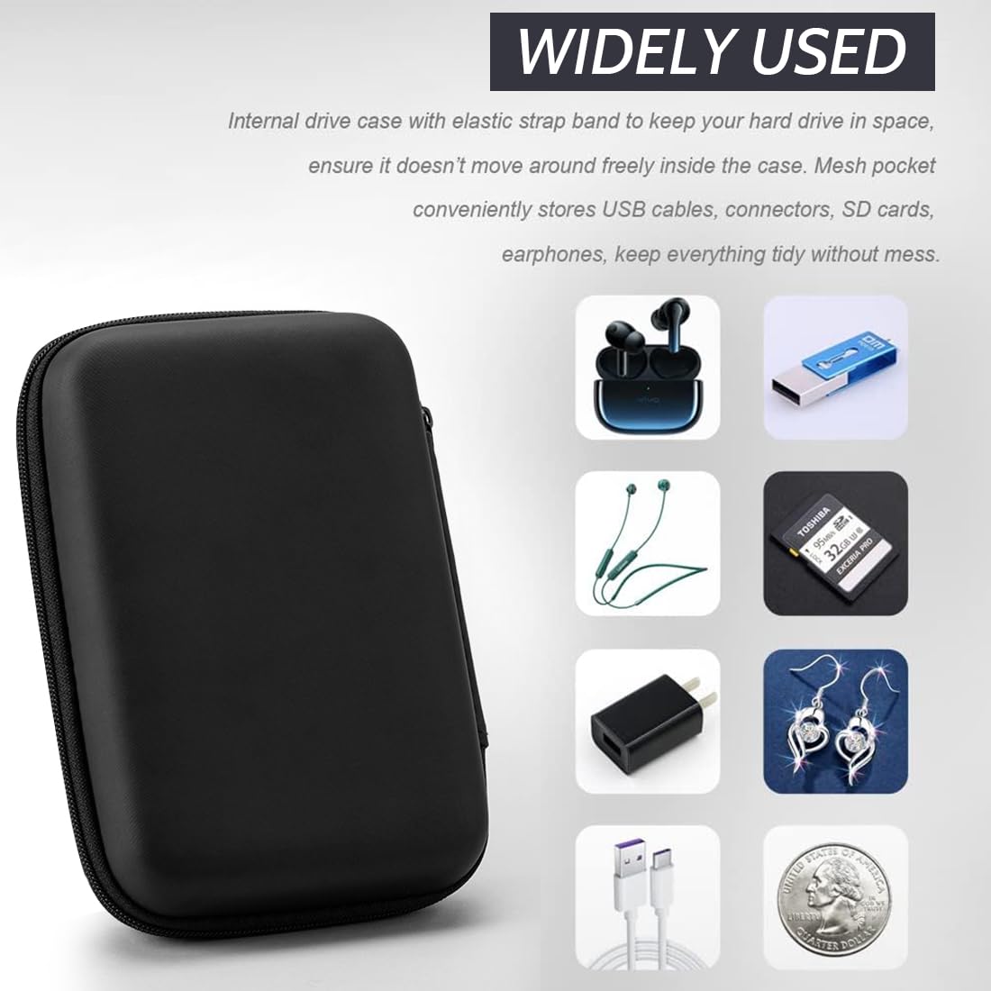 Custodia hard disk esterno, Custodia rigida custodie, Materiale EVA-Protegge il disco rigido, Memoria Esterna Portatile Disco Esterno Protettiva Borsa Antiurto Rigida Cover Case, Nero