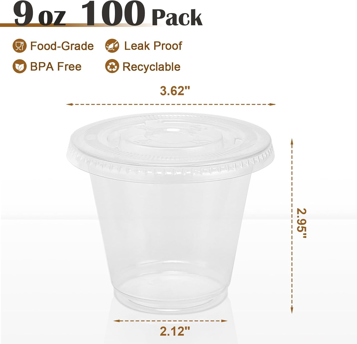 100 pack 9 oz clear plastic cups with lids, disposable dessert cup, fruit cup, clear pet cups for cake, cold drink, ice cream, salad 9oz-flat lids-100