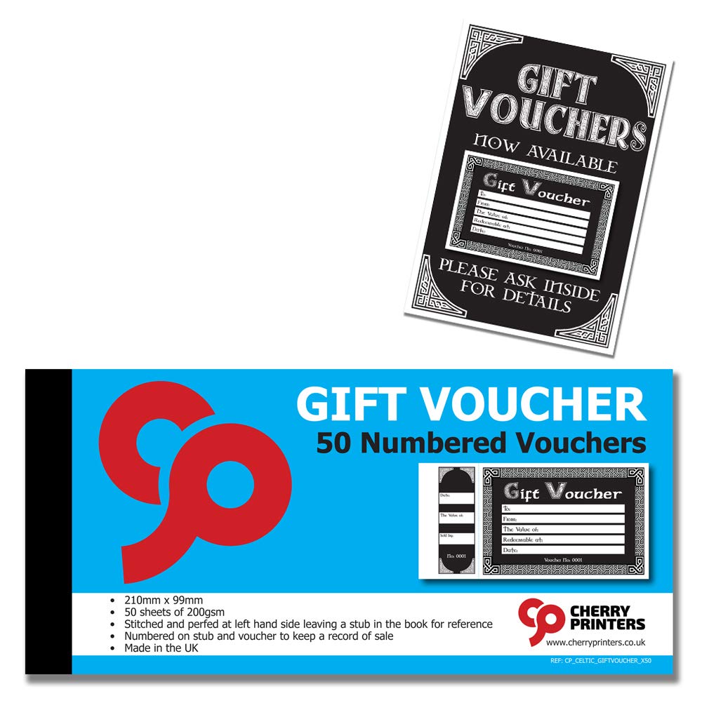 Cherry Gift Voucher Book Tear Out with stub 50pages 200gsm 99mm x 210mm with Free A4 Poster (Celtic)