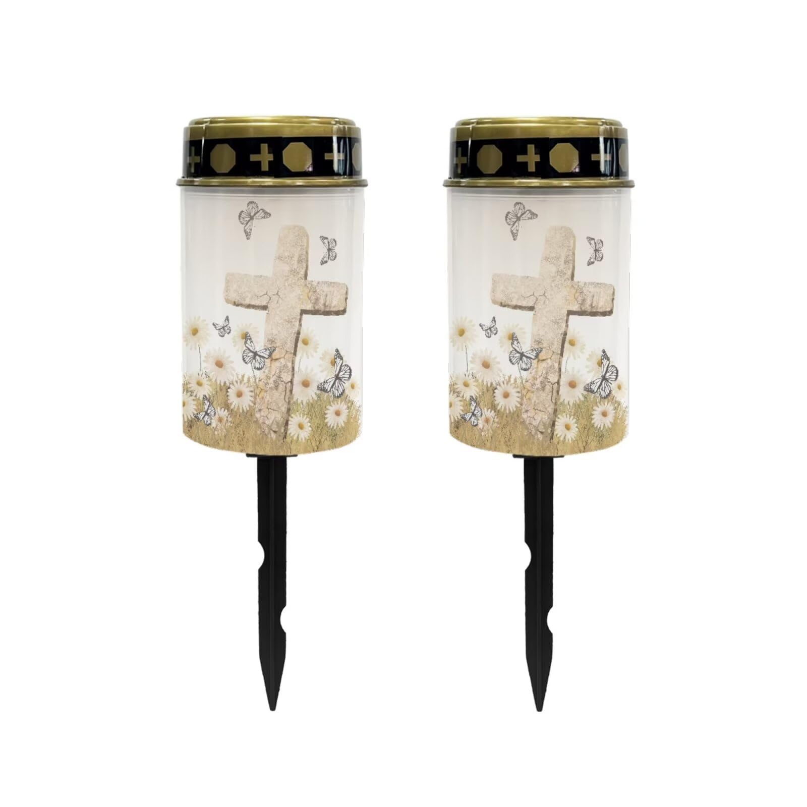 Poceacles Cross Solar Cemetery Lights Grave Solar Lights Solar Cemetery Lamp LED Flameless Candles Outdoor Cemetery Solar Lights for Loss of Mother, Daisy Butterfly Cross, Pack of 2