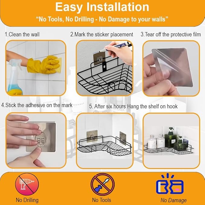Image of Puno Steel Corner Shelf Rack (Pack of 2) - No Drill Self Adhesive Bathroom Wall Organizer | Matte Black Rustproof Kitchen Storage Rack for Toiletries & Bottles