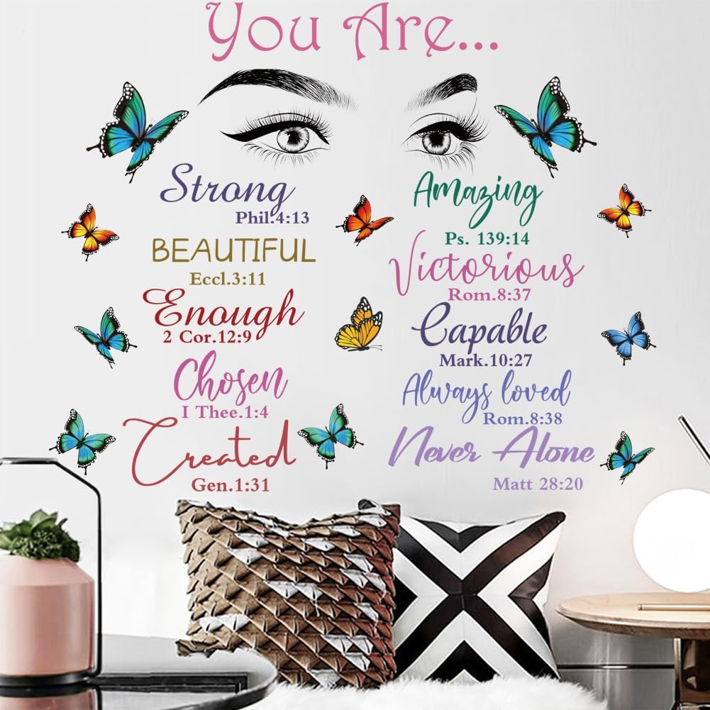 Datesno Beautiful Eyelash Eyes Wall Decor Vinyl Art Inspirational Quotes You Are Beautiful Stickers Butterfly Decals Bedroom Decoration for Living Room Home Decor, Chroma