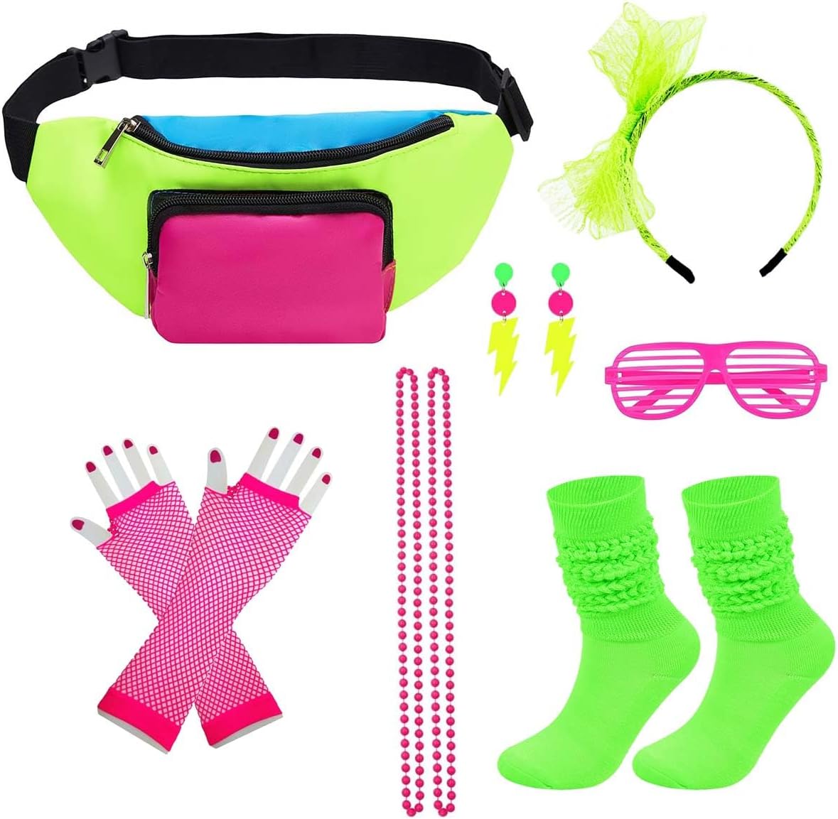 80s Accessories for Women Neon Accessories Set 80 s outfit Costume 80s Fanny Pack Hairband Fishnet Gloves Earrings