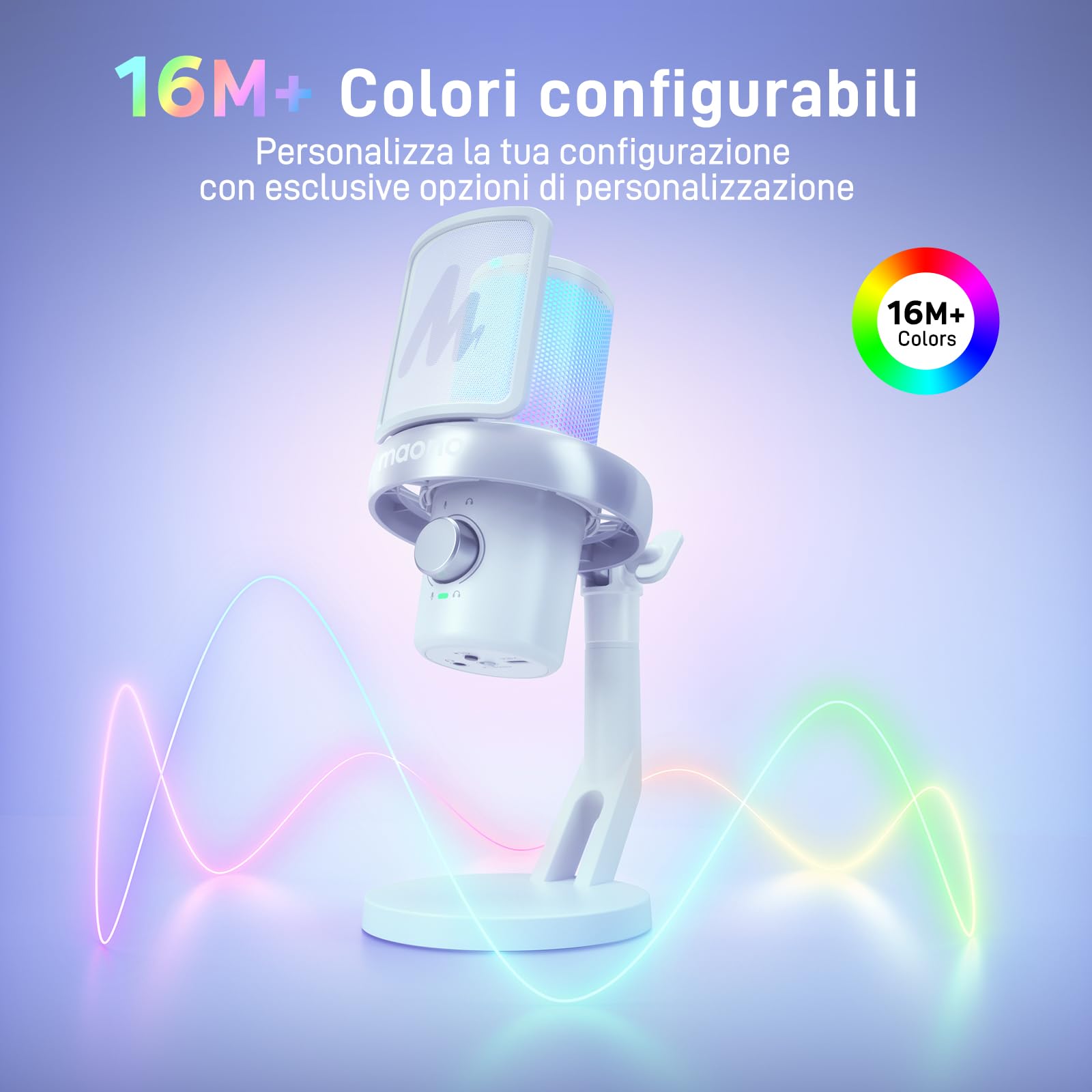 MAONO Microfono Wireless per PC, Microfono PC con Software di Cambiavoce Vocale IA, Cancellazione del Rumore a 3 Stadi, Luce RGB Personalizzata, per Gioco, Podcasting, Streaming, DM40 Pro Bianco