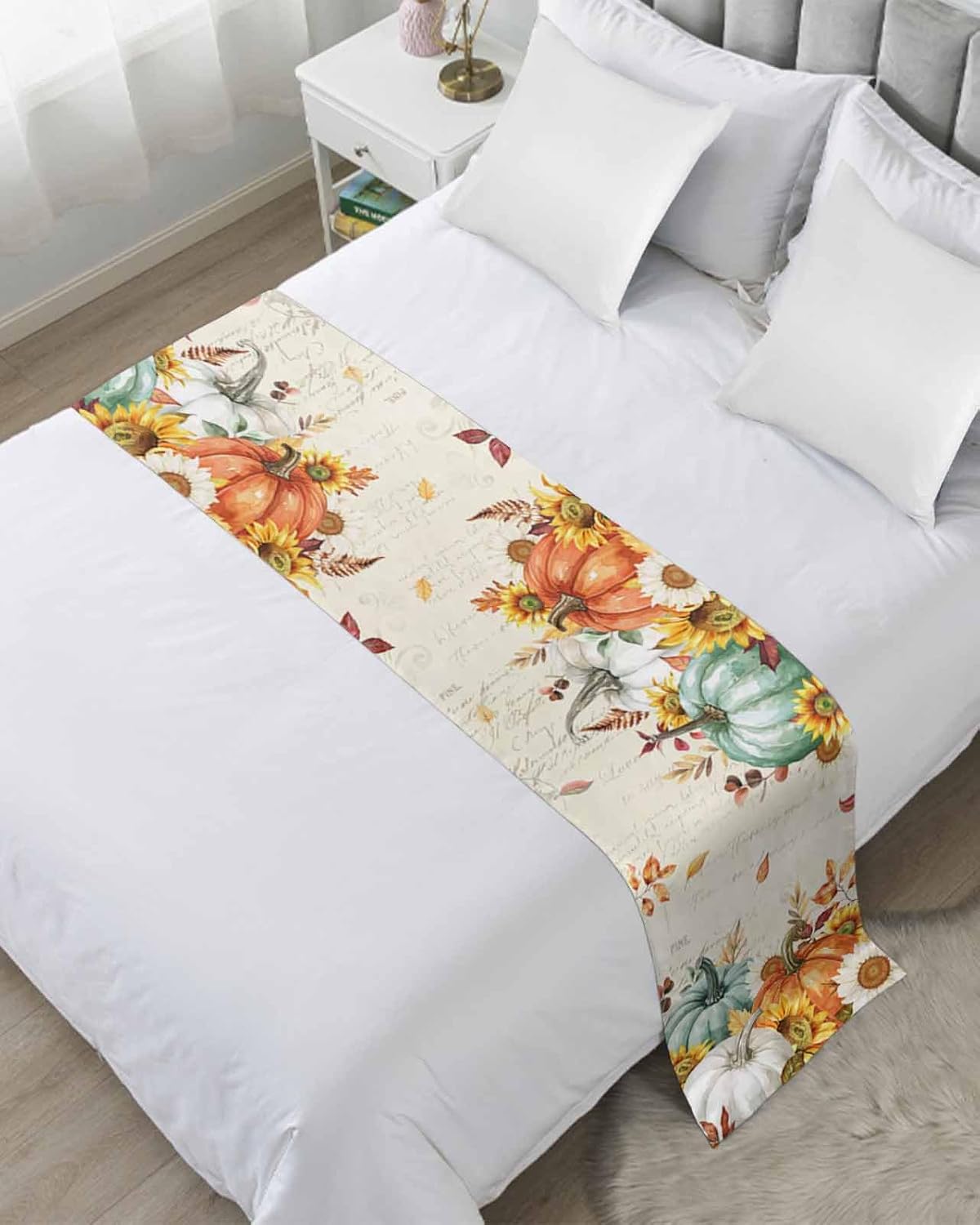 Thanksgiving Bed Runner Scarf Full Queen Size, Fall Orange Green Pumpkin Sunflower Leaf Luxury Bed Throw Runners & Scarves for Foot of Bed, Bedroom Hotel Wedding Room Decoration, 83″x20″