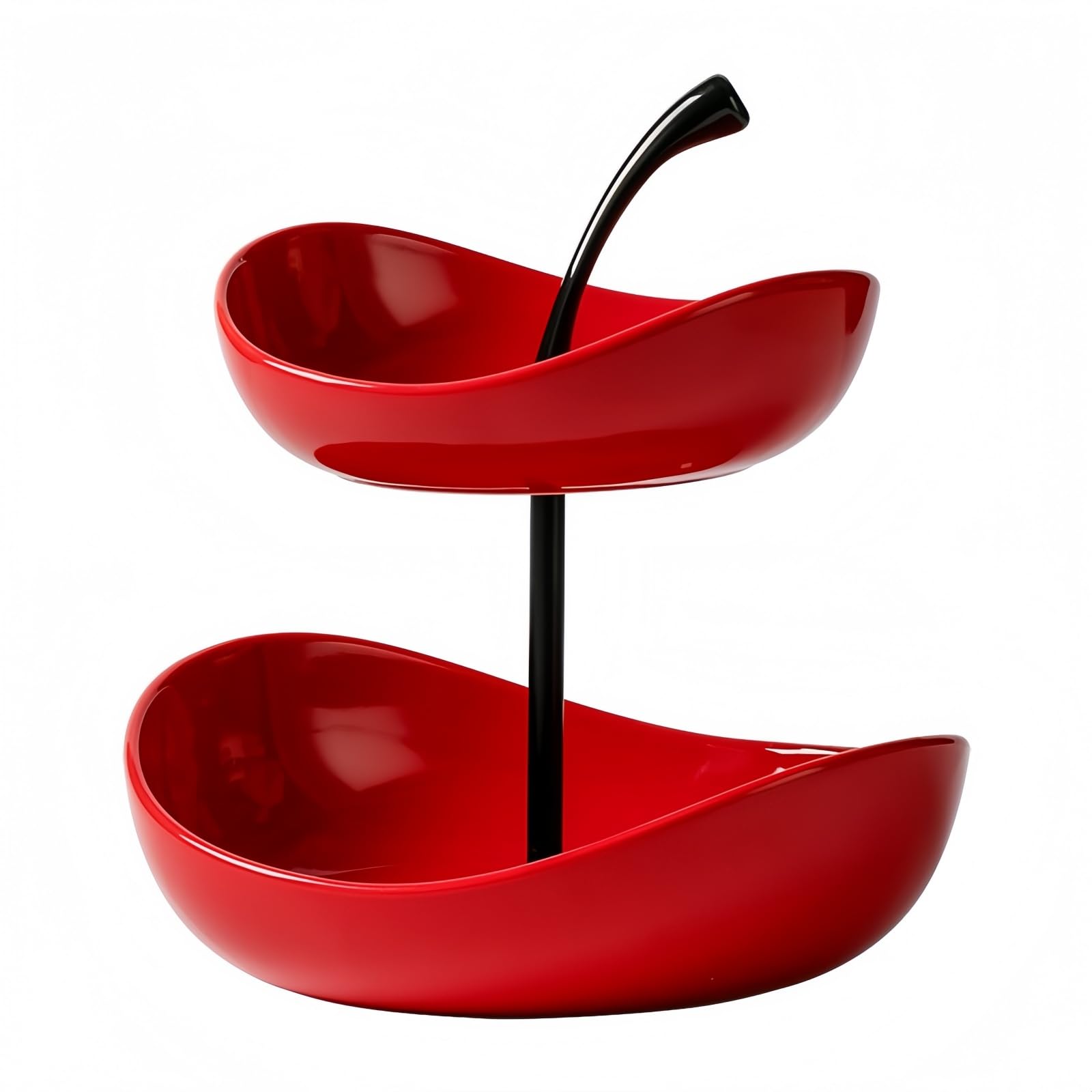 Bandeja de frutas de doble capa Cuenco de frutas de cerámica de 3 niveles Cuencos de cerámica de varias capas con soporte de metal, bandeja para servir,Rojo,Double Layer