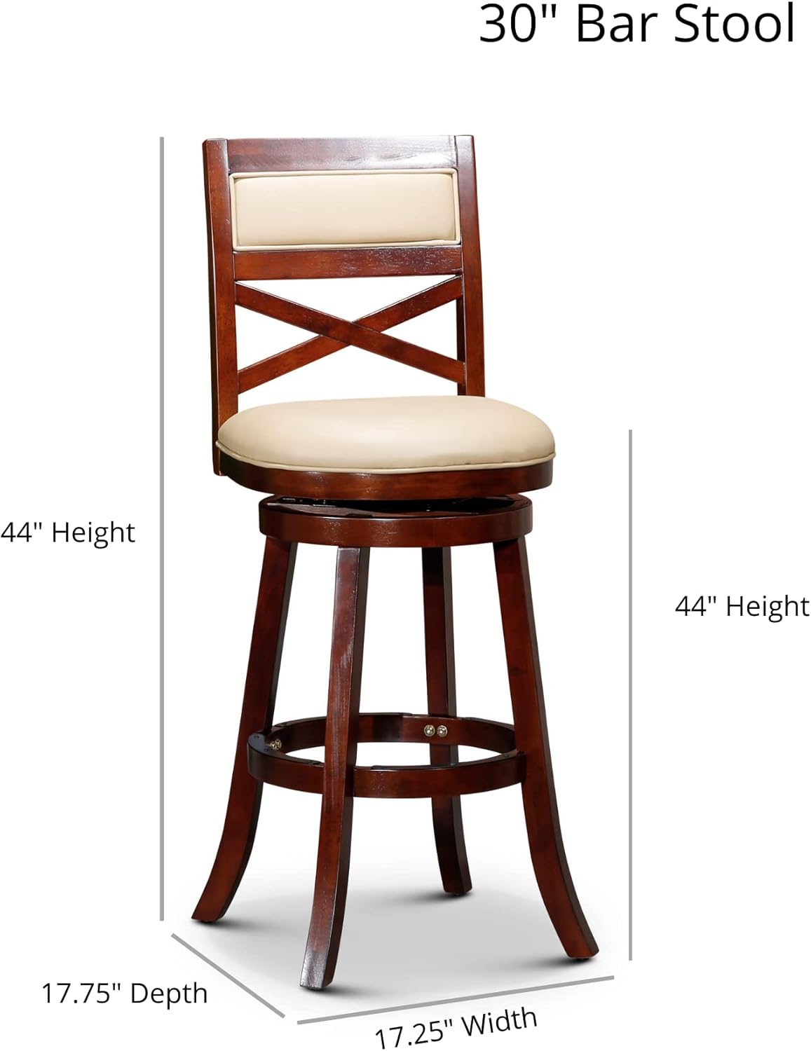 DTY Indoor Living Meeker X Back Fabric Swivel Stool, 30” Bar Height, Weathered Grey Finish, French Gray Leather Seat
