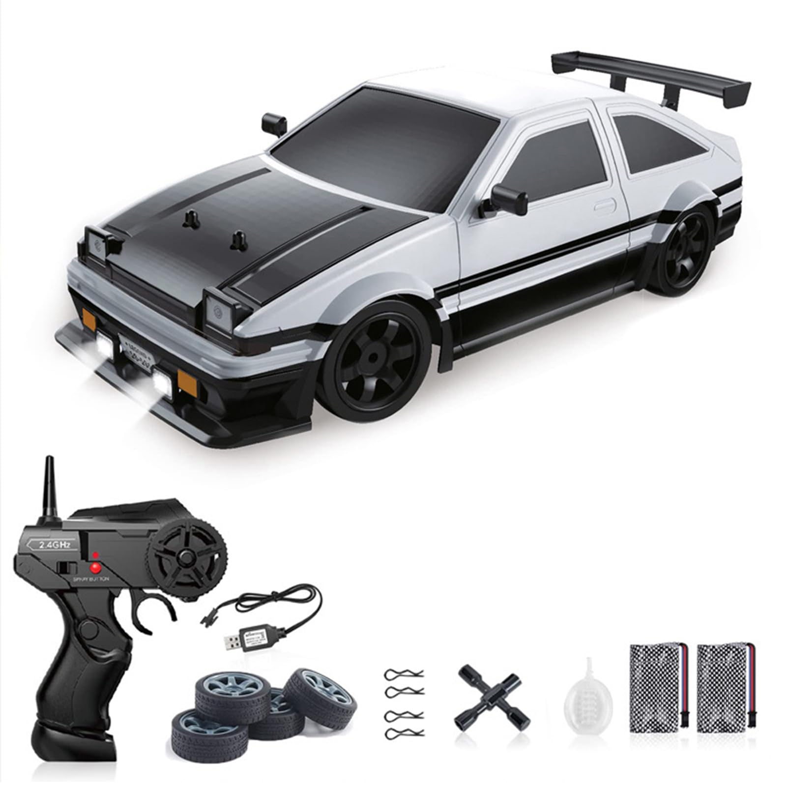 Coche Teledirigido, 1:16 Escala 2.4G RC Drift Coche, Coche de Carreras 4WD de Alta Velocidad con Luces LED Función de Pulverización Drift RC Car para Adultos, niños y niñas