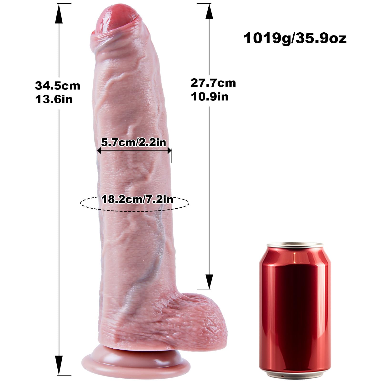 Dildo XXXL de 34,5 cm, dildo gigante realista con prepucio no circuncidado, dildoanal grueso de silicona con ventosa grande, dildoancho y largo para jugadores avanzados
