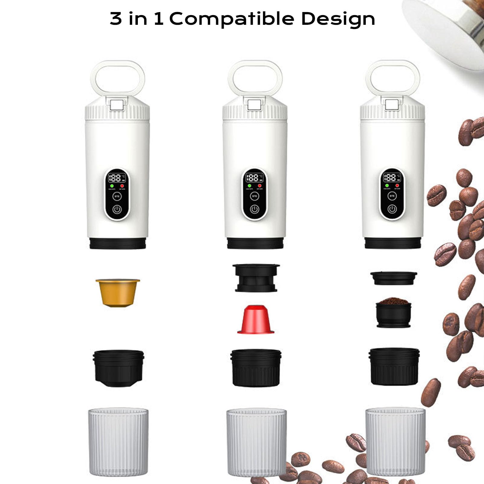 Cafetera portátil 100W 21Bar Máquina de café con cápsula calefactora inalámbrica Batería recargable de 7800mAh Capacidad de taza de 250ML para viajes en coche Camping al aire libre (Blanca)