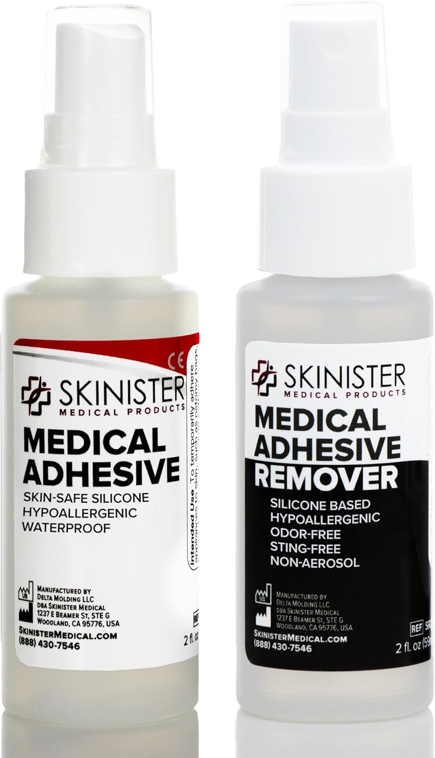 Skinister Medical Adhesive and Remover Combo Pack - Waterproof Silicone Skin Glue for Ostomy Bags, Breast Form, Prosthetics, Condom Catheters (4oz + 4oz)
