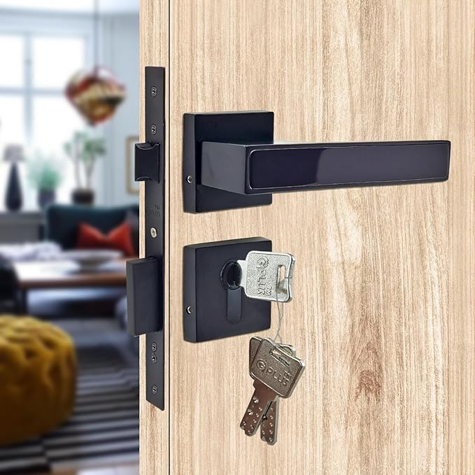 Image of G Plus Modern Door Handle Set with Square Keyhole Cover Plate,Mortise Lock with Ultra Brass 3 Keys & Brass pin Cylinder-60MM,One Side Knob & one Side Keys,(OSK) (Z Black Glossy, 60MM)