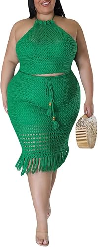 Miniatura 2 de Conjunto de falda de dos piezas para mujer, diseño de red de pesca con borlas, hueco y hombros descubiertos, vestidos de playa, salida de baño
