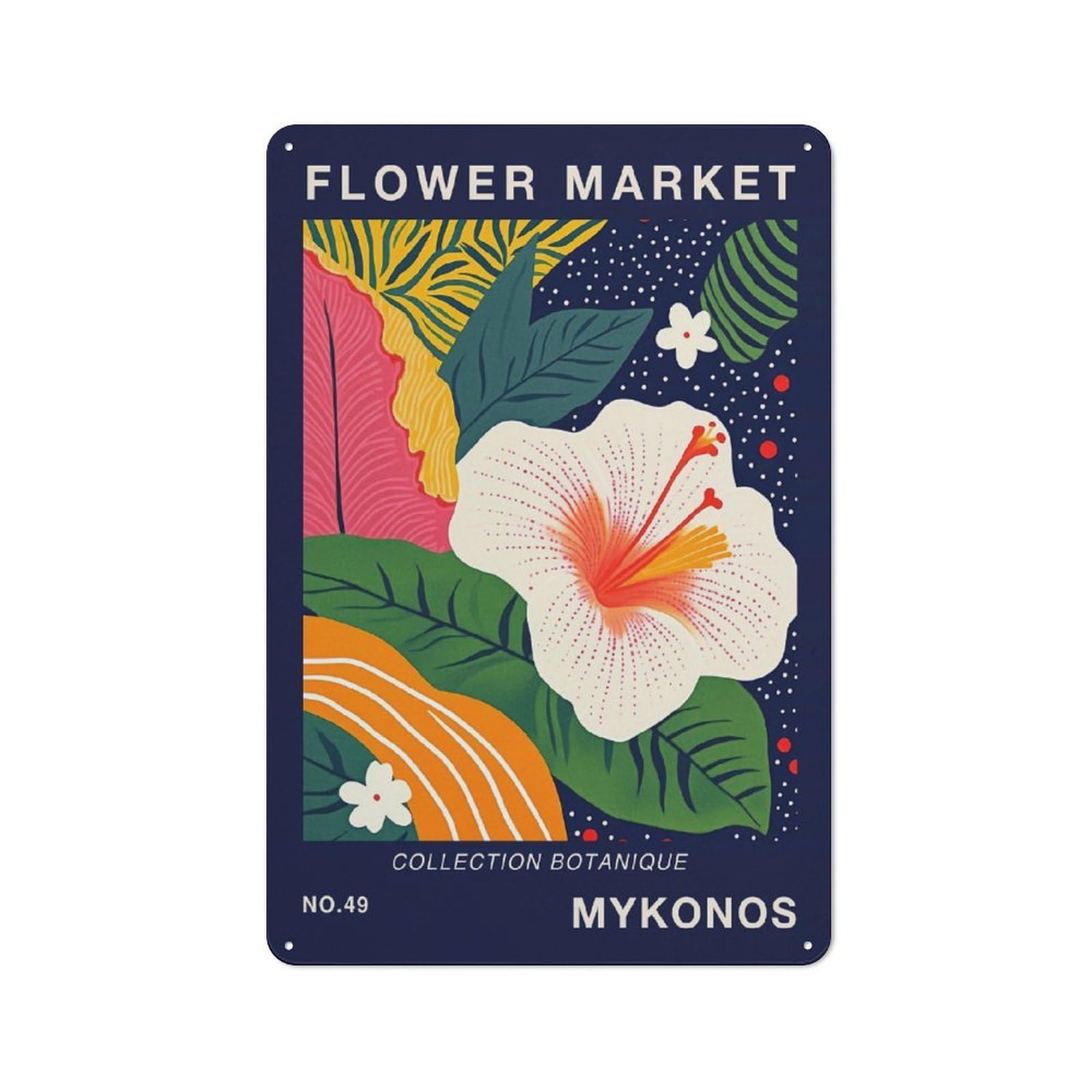 Junmoney Style-18 Tin Wall Plaque 30X20cm With Mykonos Flower Market Travel Poster For Garage Wall, With Clear Vintage Wall Decor Character