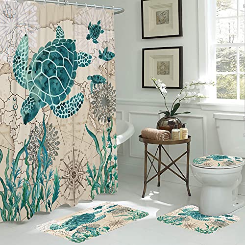 Zokyer Sea Turtle Shower Curtain Set Beach Theme Nautical Ocean Themed Cute Teal World Map Tortoise Coastal Bathroom Decor With Non-Slip Rugs Toilet Lid Cover U Shape Mat 12 Hooks Fabric (60Wx72L) #TOP1