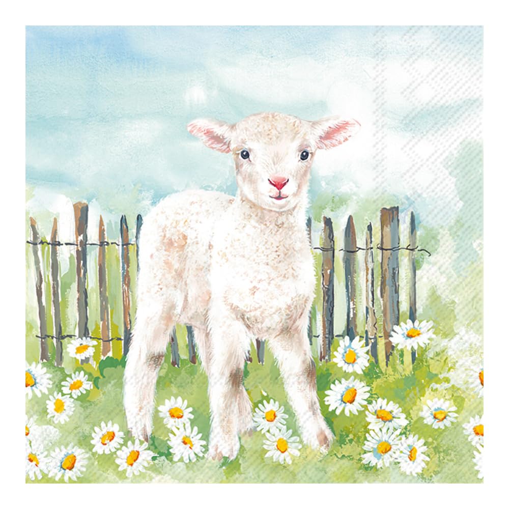 IHR Ideal Home Range Party Napkins Disposable 3-Ply Paper Lunch Napkin Pack, 6.5" x 6.5", Lamb in The Meadow, 20-Count