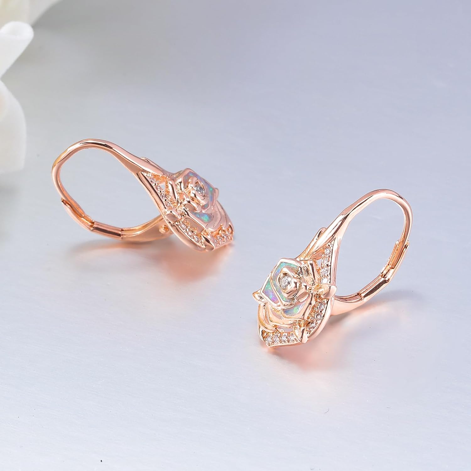 CiNily Mothers Day Rose Earrings Birthstone Dangle Drop Earrings for Women Dainty Rose Flower Earrings 18K Rose Gold Gemstone Ear Rings Anniversary Birthday Opal Jewelry Gifts for Mom Wife Her - Image 4