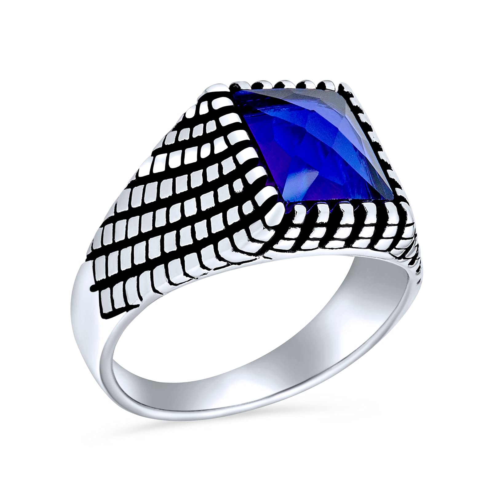 Bling JewelryPersonalize Unisex Retro Classic Elegant Cobble Stone Brick Accent Rectangle Simulated Royal Blue CZ Signet Ring For Men Oxidized .925 Sterling Silver Handmade In Turkey